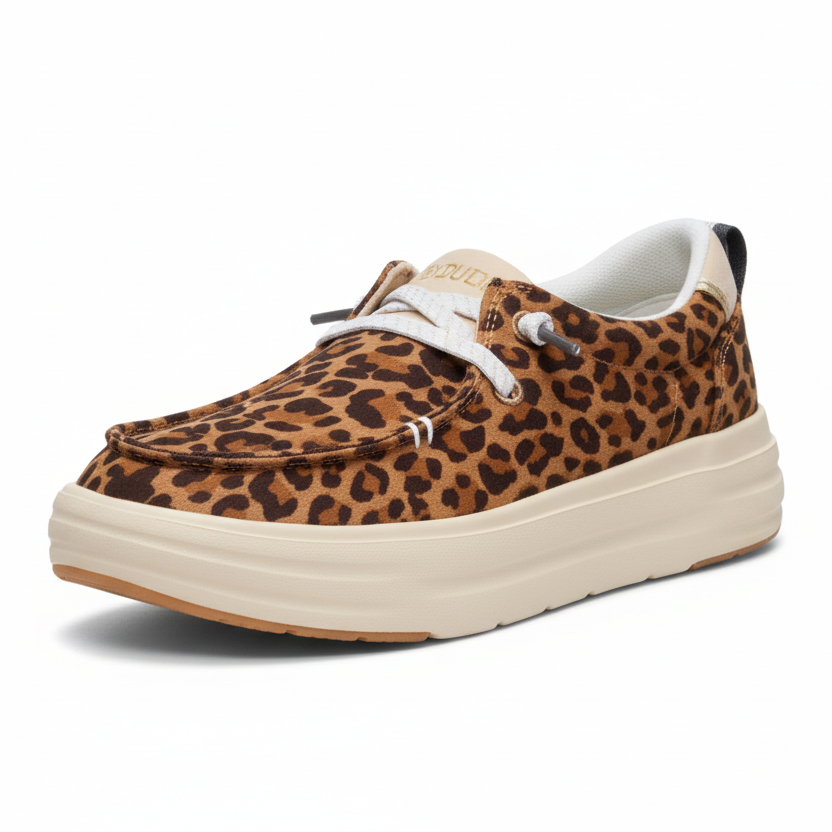 Leopard print sneaker with white sole on a white background